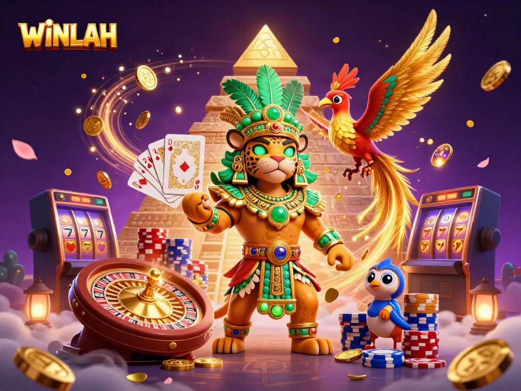 Experience WINLAH with a vibrant and dynamic 3D casino scene filled with rich gaming elements.