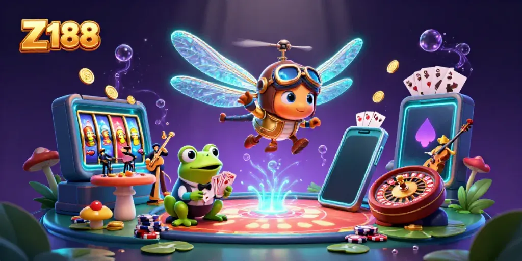Experience exciting gambling action at Z 188 with a dragonfly pilot, frog croupier, and vibrant casino elements.