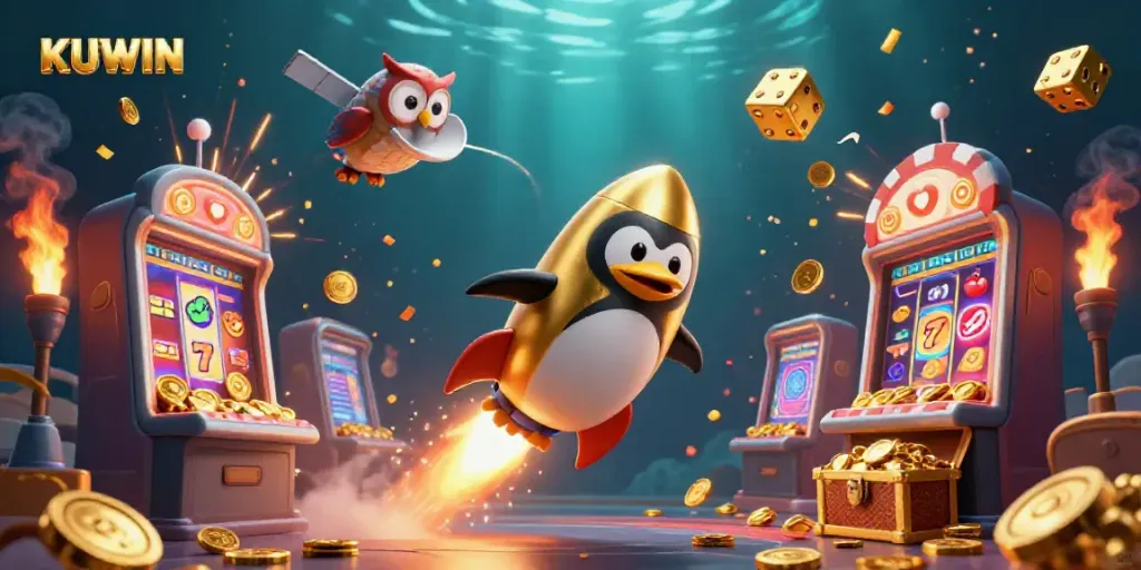 Experience thrilling wins with KUWIN in a vibrant casino-themed 3D illustration featuring a golden penguin and a jackpot.