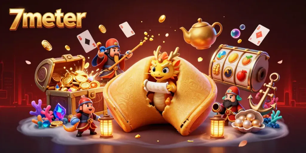 Play thrilling games on 7meter with a visually rich illustration of a golden fortune cookie and gaming treasures.