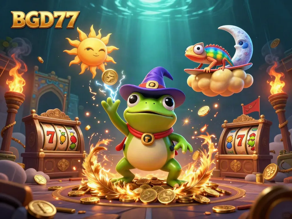 Experience BGD77's vibrant gambling world with characters unleashing golden coin storms amidst slot reels and dynamic gaming elements.