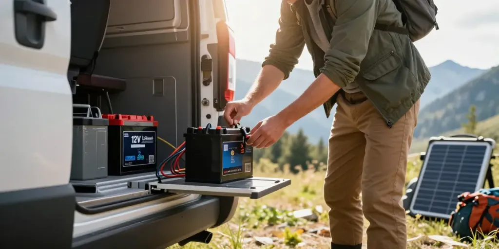 Adventurer inspecting 12V Lithium Batteries in RV with camping gear and mountain backdrop.