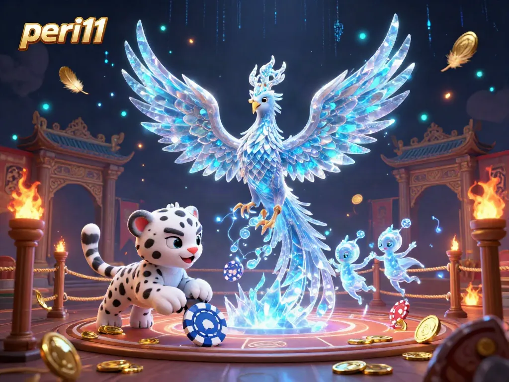 Experience the thrill of peri11 with a dazzling 3D ice phoenix, glowing sprites, and casino elements in an enchanting illustration.