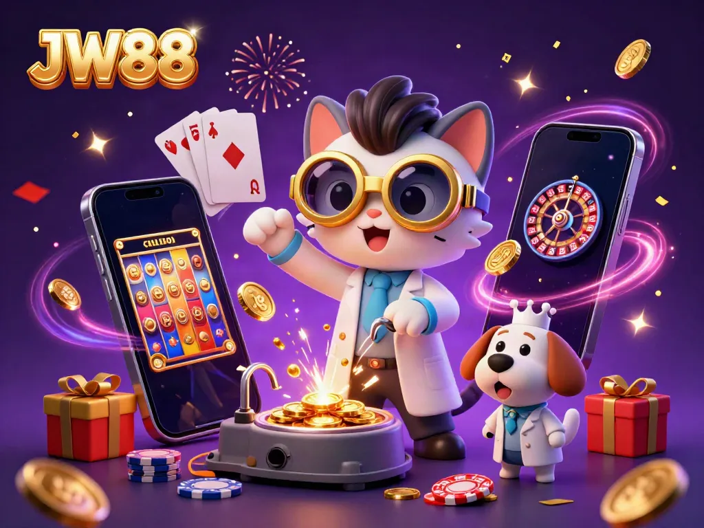 Experience the excitement of JW88 with a colorful 3D casino scene featuring a mad scientist cat and his assistant dog amidst golden coins and lively games.