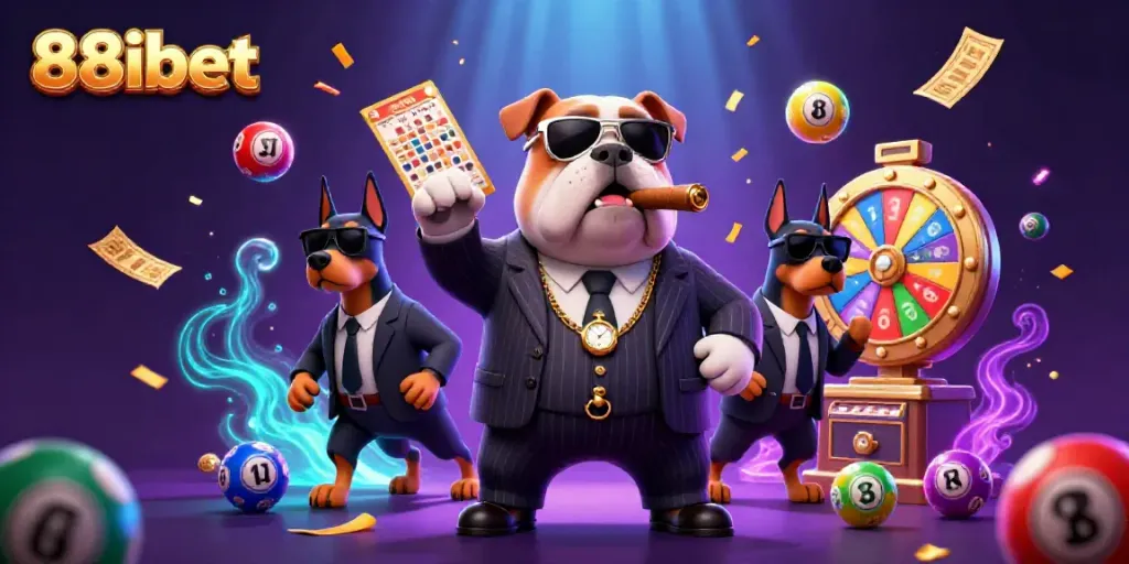 Experience the excitement of 88ibet with a colorful illustration of a mafia boss bulldog and dynamic game elements.