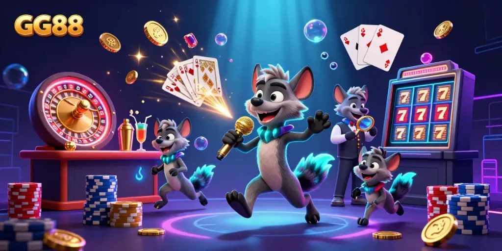 Experience the vibrant fun at GG88 casino with hyenas as bartenders, comedians, and bouncers in a dazzling 3D scene.