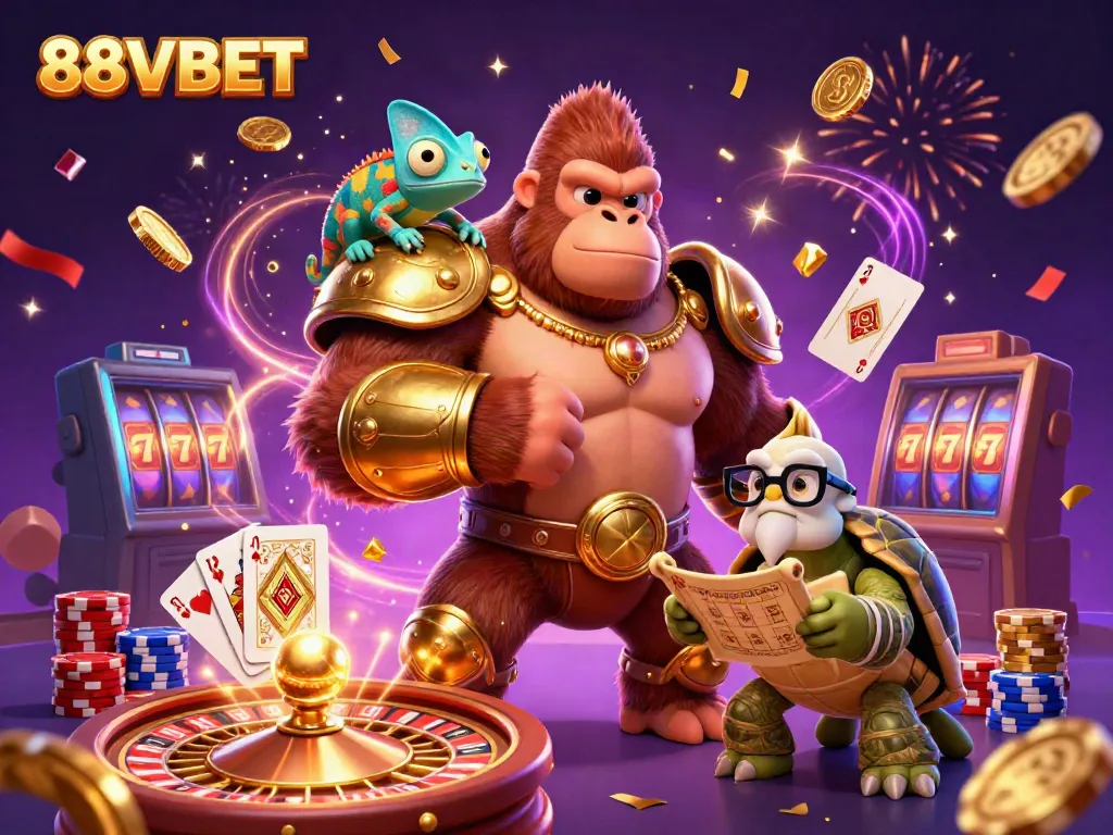 Experience 88VBET excitement with dynamic casino characters and vibrant gaming elements in a lively scene.