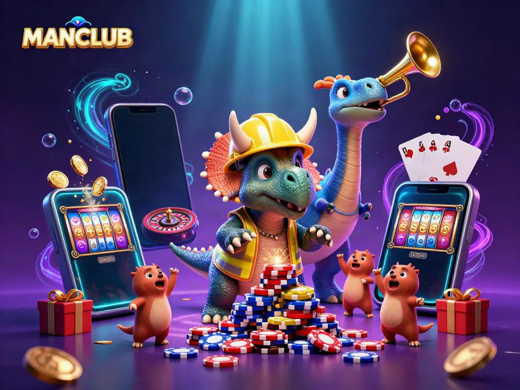 Engage in thrilling betting action with MANCLUB while vibrant characters build poker chip towers.