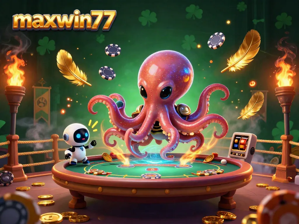 Engage with maxwin77 at a vibrant online casino featuring a whimsical alien octopus running a holographic poker table.