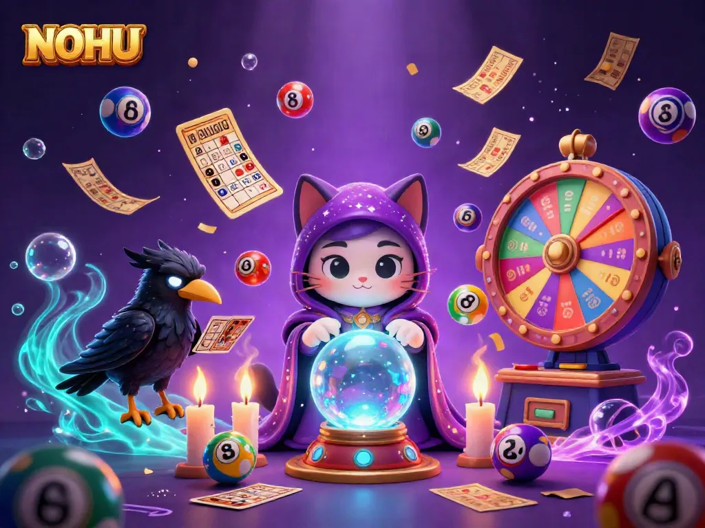 Engage in the thrilling world of NOHU with a magical casino scene, featuring a mystic cat and vibrant game elements.