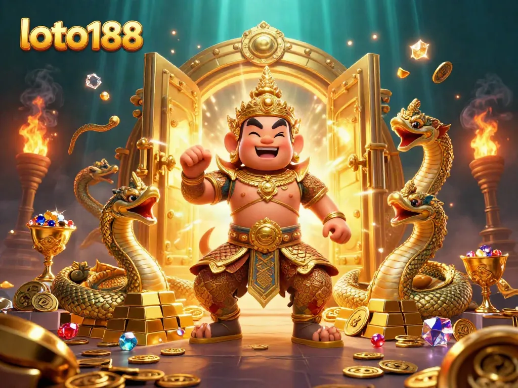 Experience the excitement of loto188 with a vibrant 3D illustration showcasing treasures and guardians.