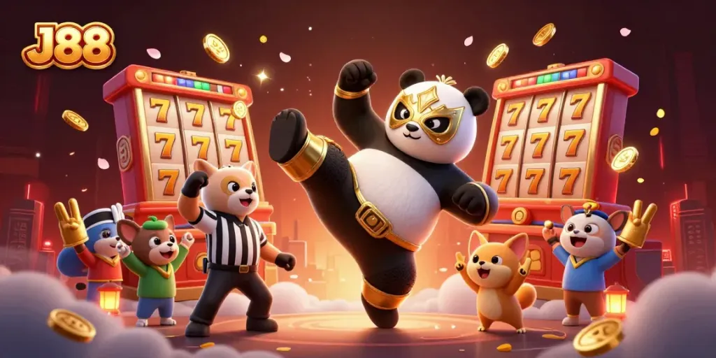 Witness the action with J88 as a panda wrestler performs a flying kick amid a lively casino atmosphere.