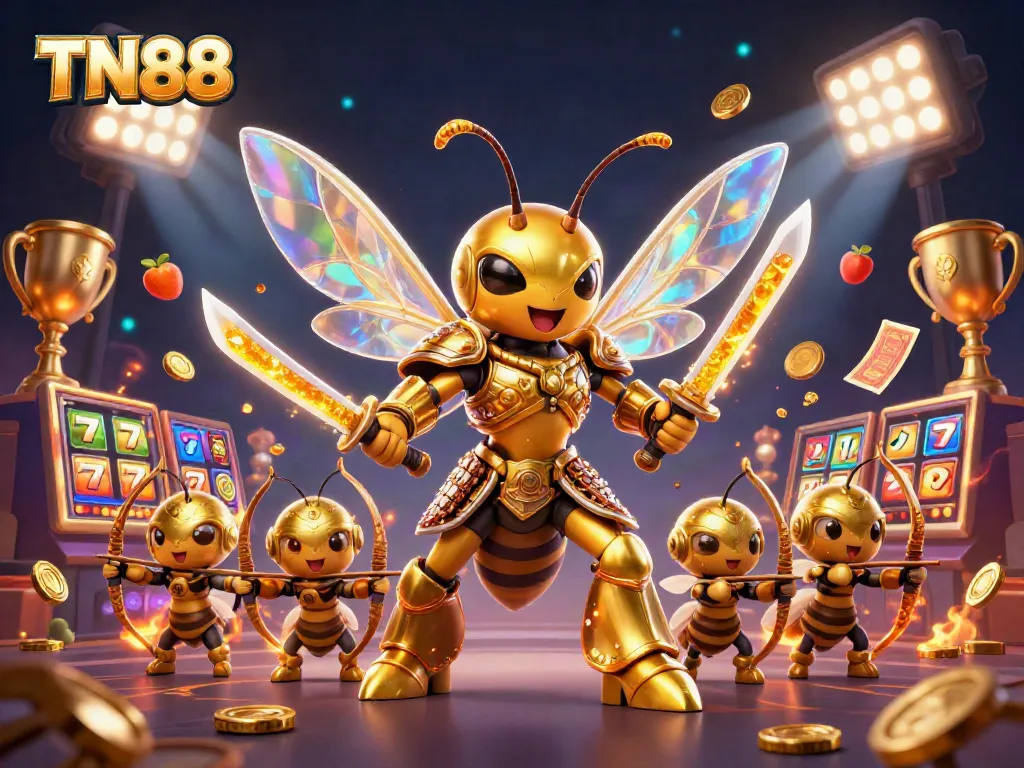 Engage with TN88 stylishly winning slot jackpots with dynamic illustrations of golden hero figures and vibrant gaming elements.