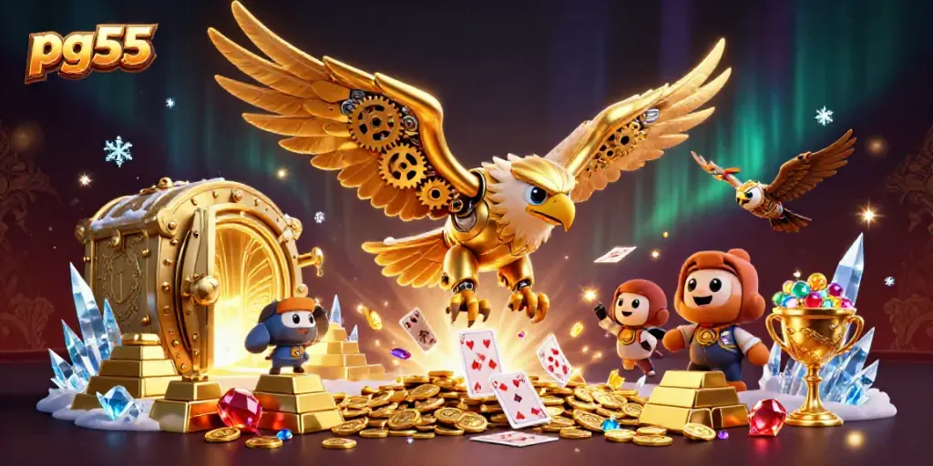 Win big with pg55 in this dynamic casino scene featuring a cybernetic eagle and holographic cards