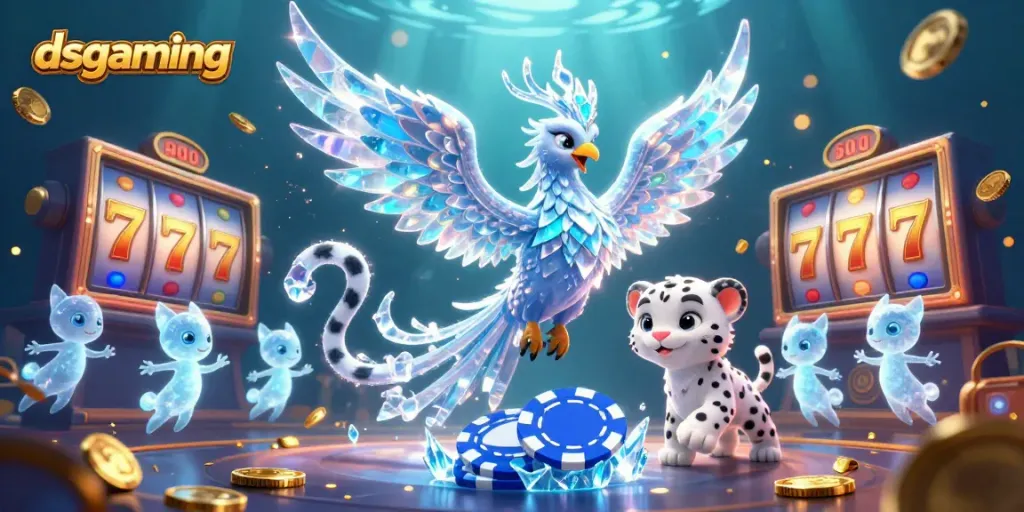 Experience dsgaming's vibrant ice-themed casino adventure with colorful characters and slot reels.