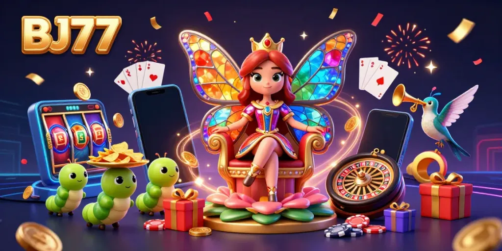 Experience the vibrant BJ77 casino scene with the butterfly queen and dynamic gaming elements.