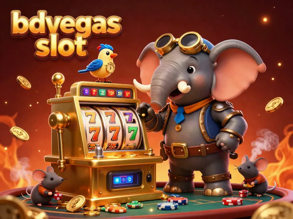Experience the excitement of bdvegas slot with a dynamic steampunk elephant operating a golden slot machine amidst vibrant casino elements.