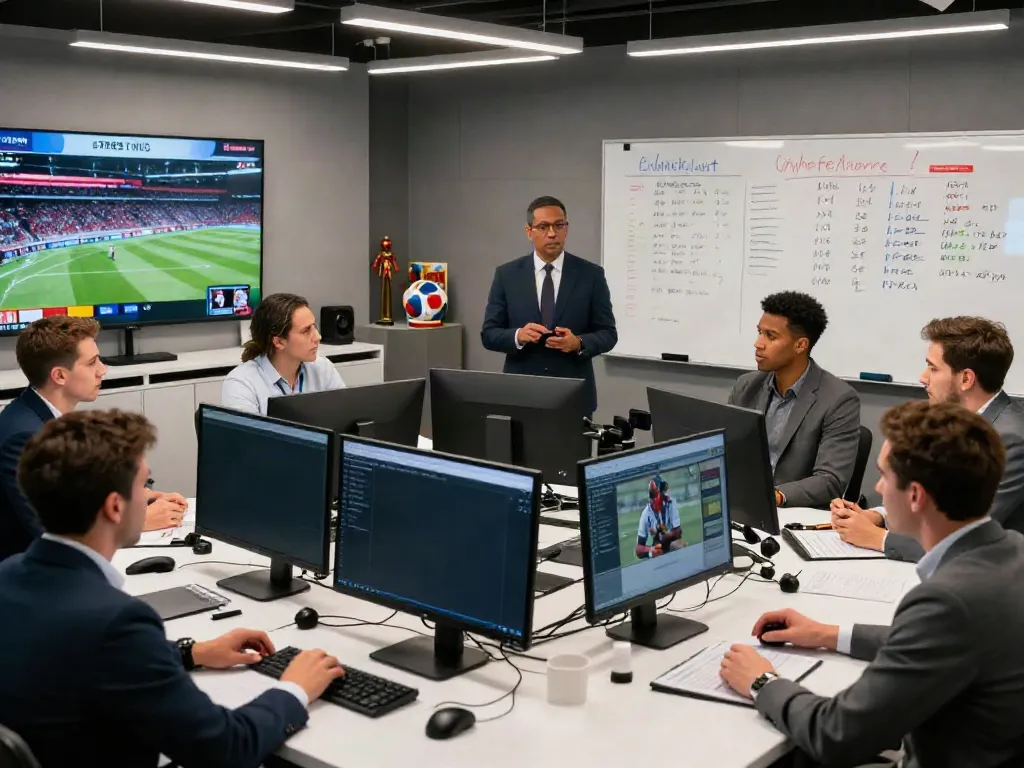 ข่าวซื้อขายนักเตะ update in a bustling sports newsroom with analysts discussing football transfers