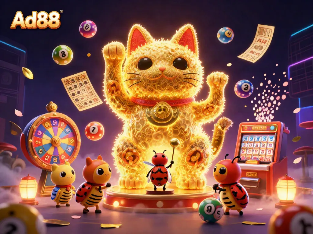 Engage with the vibrant casino-themed visual featuring a golden lucky cat at Ad88.