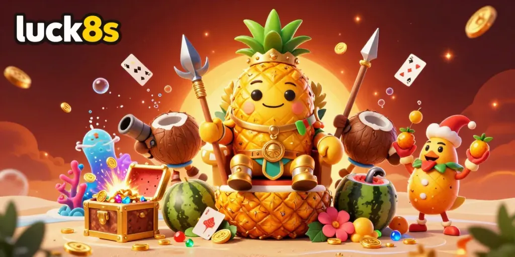 Engage in thrilling gaming with luck8s on a vibrant beach casino scene featuring a pineapple king.