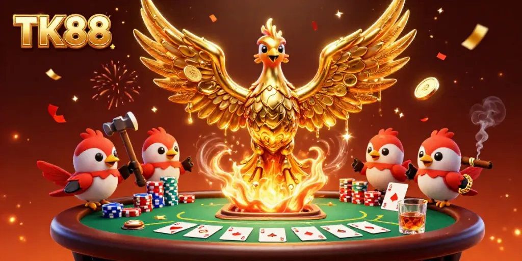 TK88 showcases an ultra-detailed 3D cartoon phoenix with molten gold, surrounded by poker elements and vibrant confetti.