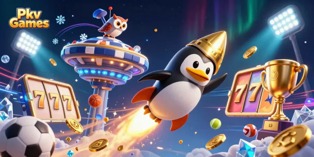 Play engaging Pkv Games with a golden penguin soaring towards a vibrant casino in space.