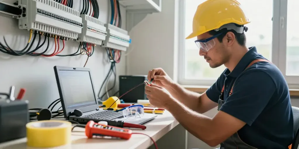 Engineer using Scotch Super33 tape in a bright electrical workspace