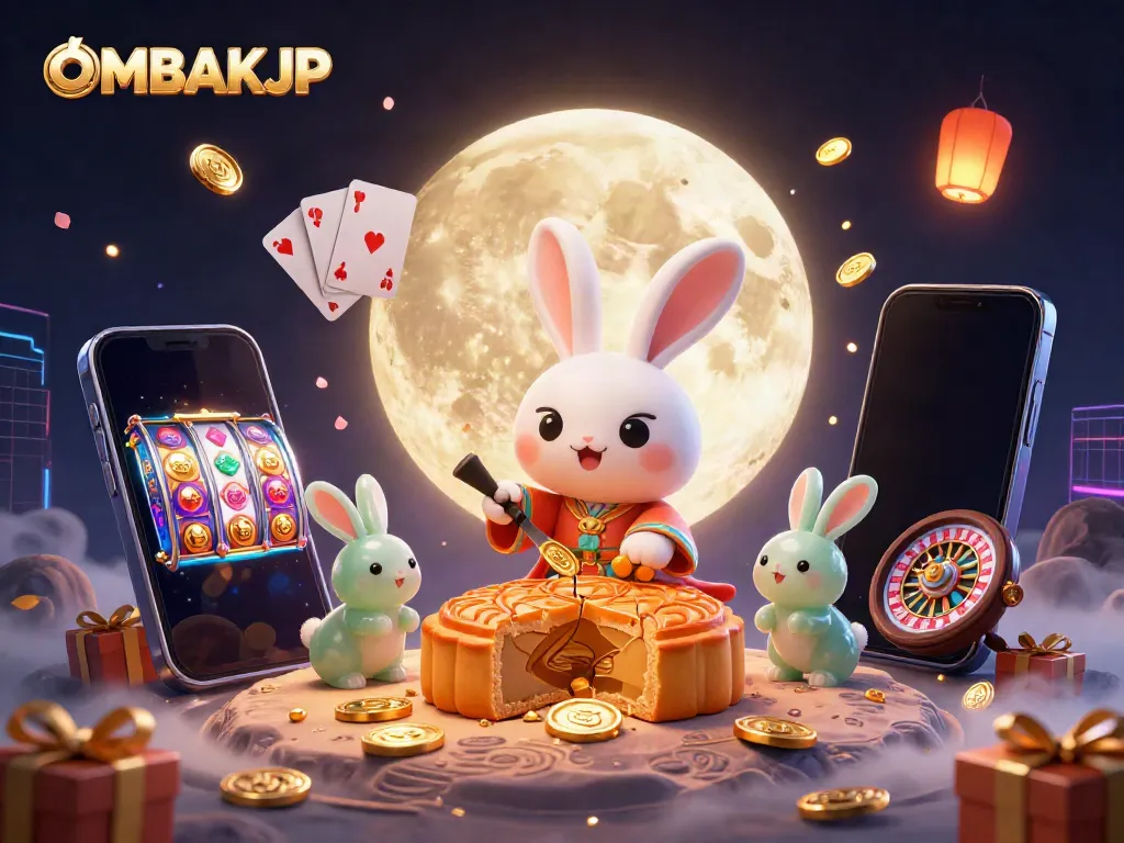 Engage with OMBAKJP as the moon rabbit celebrates winning slots and poker on the lunar surface.