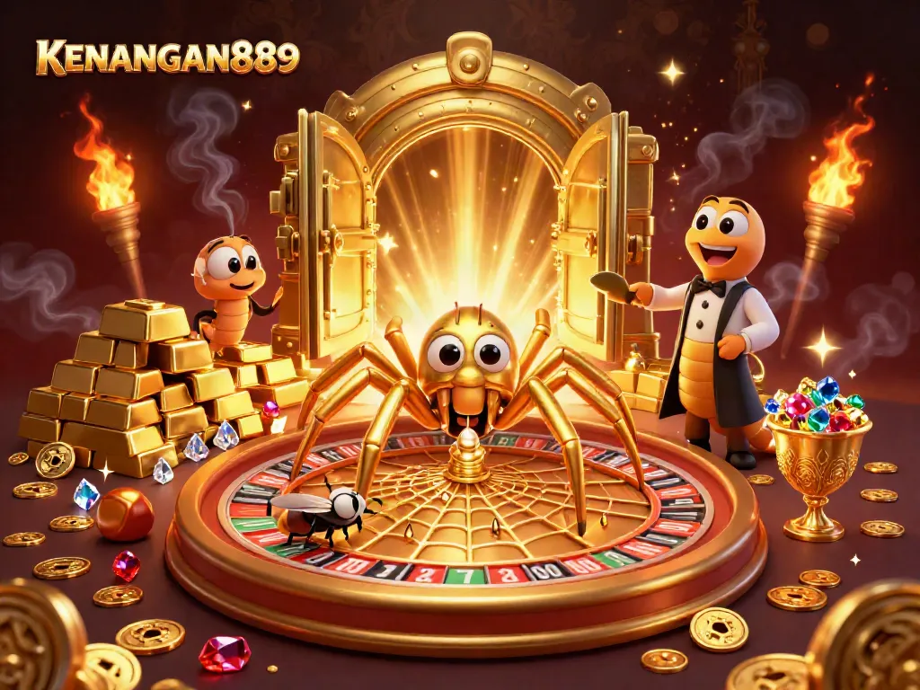 Experience KENANGAN889's thrilling gaming world with a golden spider, roulette web, and vibrant treasures.