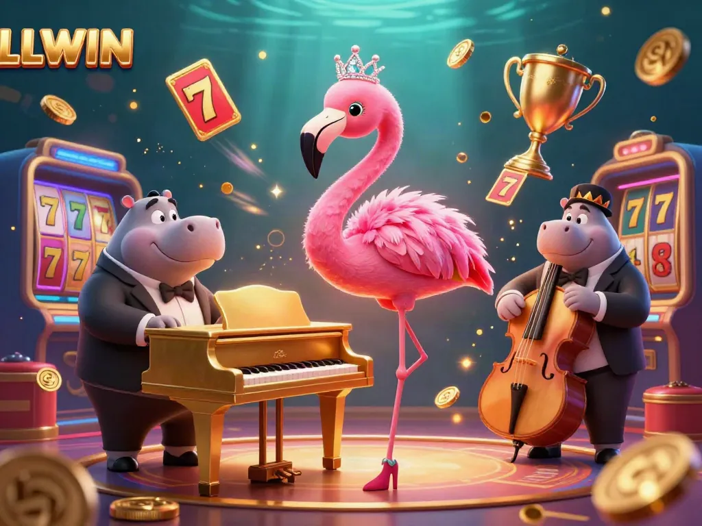 LLWIN showcases a vibrant scene with a flamingo singer and hippo bassist, surrounded by slot reels and gold coins.