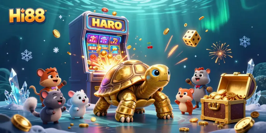 Engage in exciting entertainment at Hi88 with a vibrant golden tortoise pinball machine and a burst of casino games.