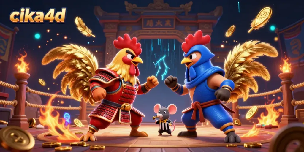 Experience thrilling action with cika4d's fighting roosters in an exhilarating battle scene.