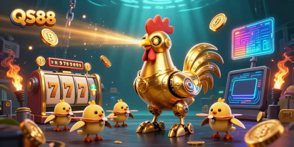 Experience the excitement of QS88 as a golden rooster robot leads the way in an engaging online casino adventure.