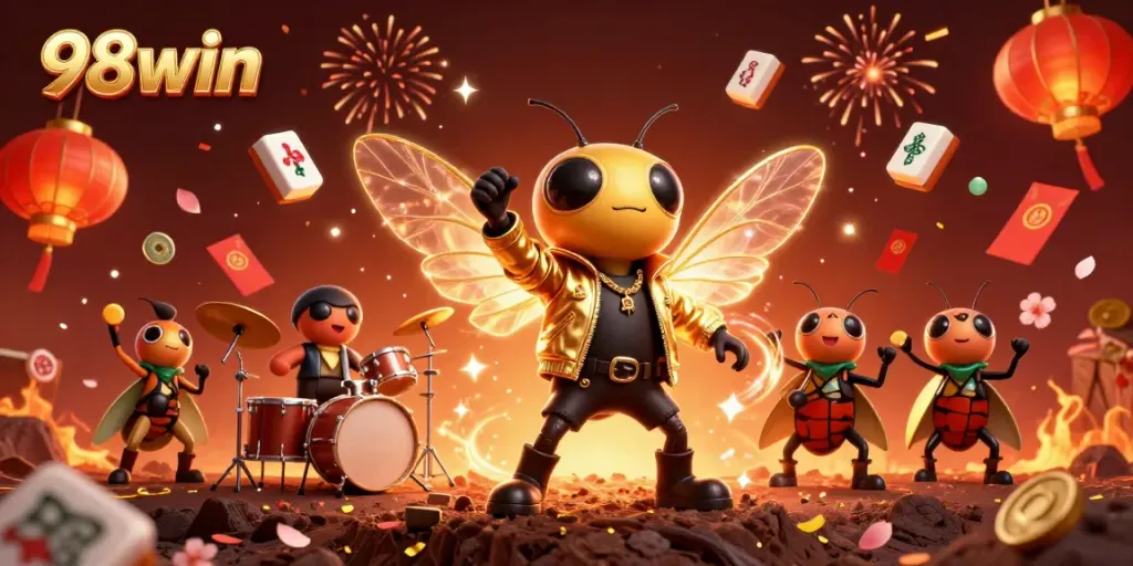 Engaging 3D illustration showcasing the vibrant experience of 98win with animated characters and gambling elements.