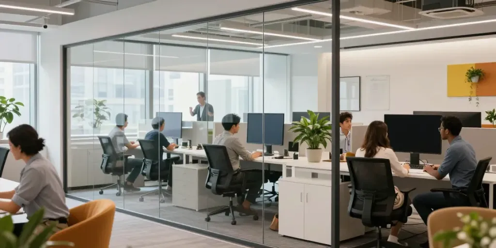 Modern office with پارتیشن تک جداره enhancing workspace collaboration and natural light.