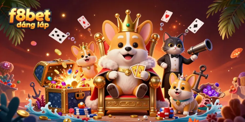 Join the exciting world of f8bet đăng nhập with a vibrant casino scene featuring a royal corgi and treasures.