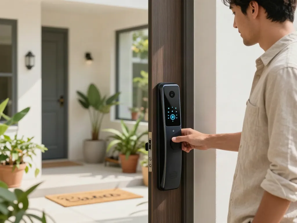 سophisticated smart lock system in use at home entrance for خرید قفل هوشمند