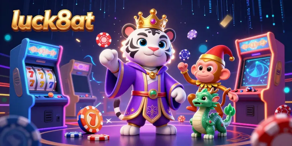 Interact with luck8at's vibrant casino scene featuring a playful golden monkey and elegant tiger.