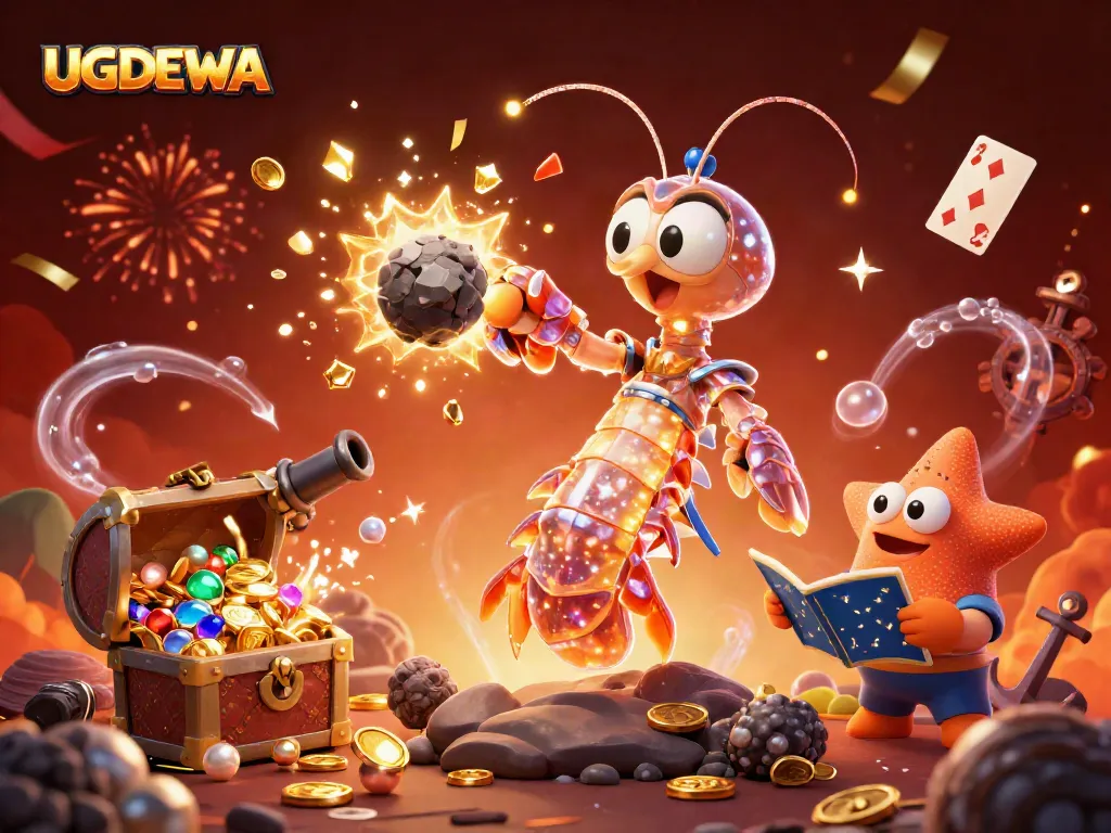 Engage in thrilling gambling with UGDEWA's vibrant 3D casino scene bursting with riches and celebration.