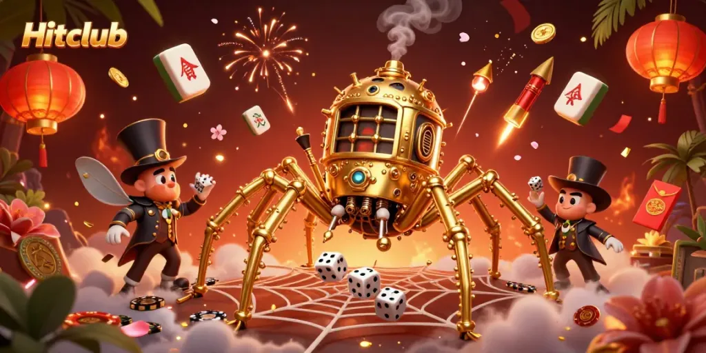 Hitclub showcases a dynamic, whimsical gambling scene with golden elements and characters.