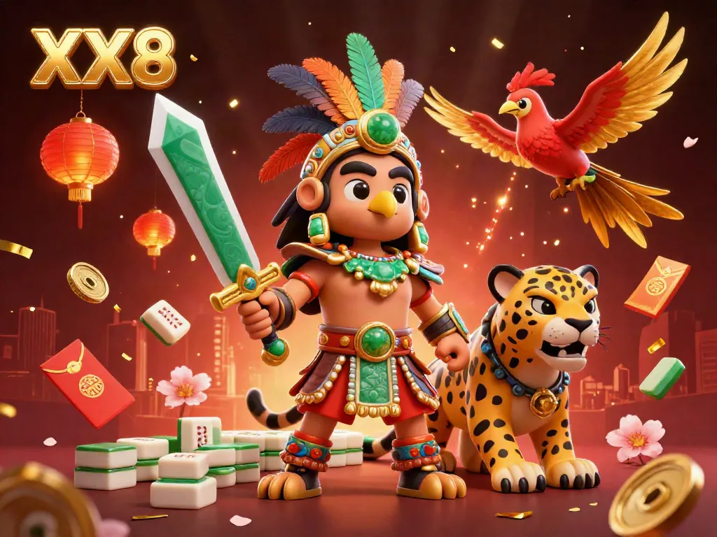 Experience thrilling gaming with XX8 as Aztec warriors battle surrounded by vibrant mahjong tiles and lucky symbols.
