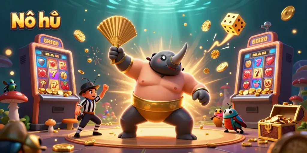 Nổ hũ slot champion illustration showing a rhinoceros beetle and cricket amid jackpot excitement