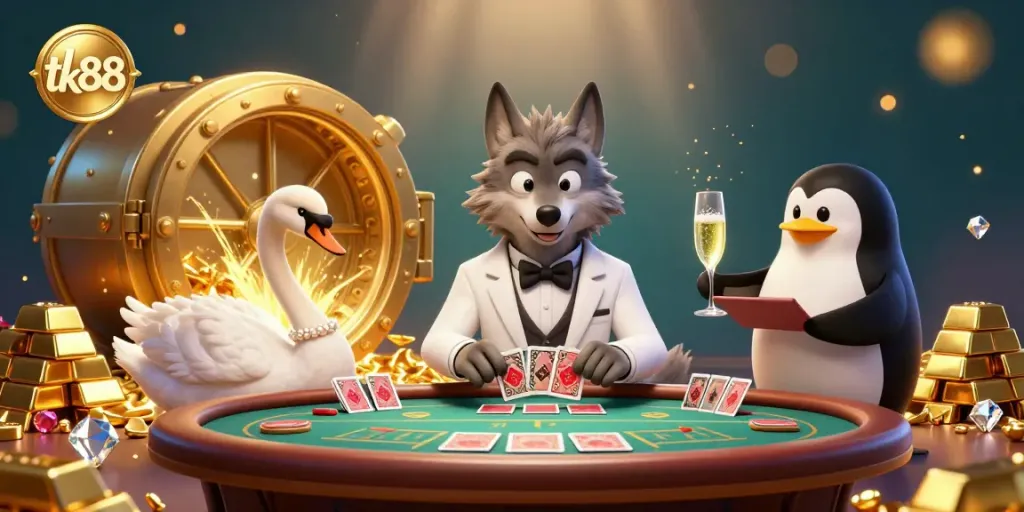 Engage in thrilling games with tk88 at an enchanting baccarat table surrounded by treasure and rich colors.