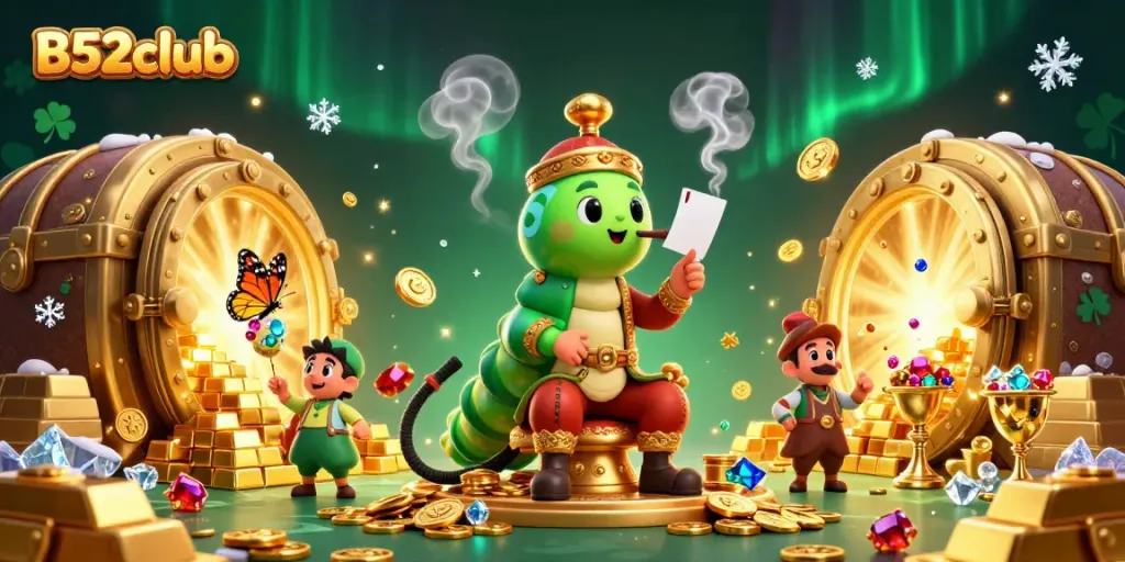 B52club offers vivid casino thrills featuring a vibrant caterpillar master amidst treasure and poker symbols.