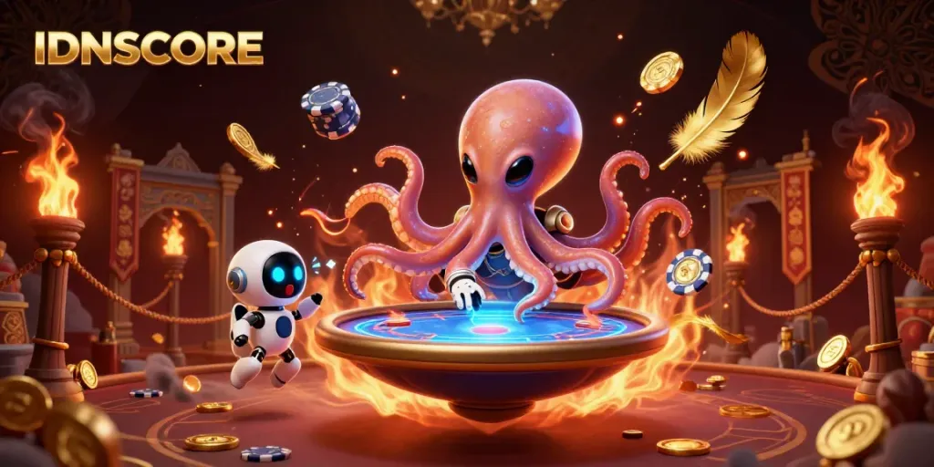 Engage in thrilling poker gameplay with IDNSCORE's vibrant alien themed illustration featuring an octopus and robot.