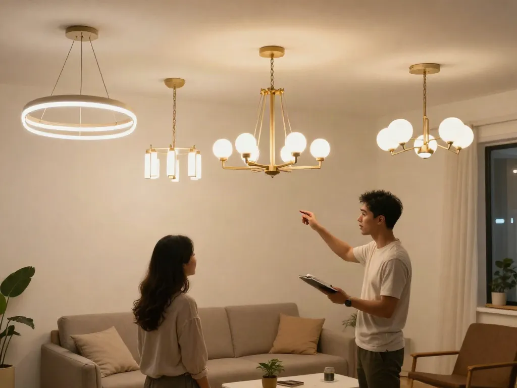 Lustre LED din magazin local prezentate într-un ambient primitor, lumina caldă subliniind calitatea lucrărilor.