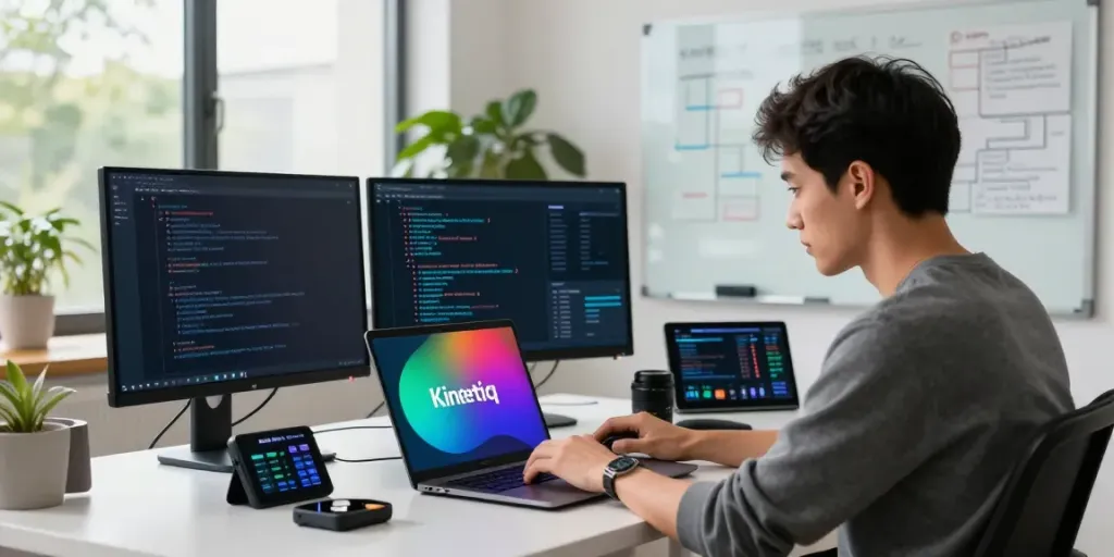 Kinetiq liquid staking setup at a modern workspace with tech gadgets and vibrant ambiance.