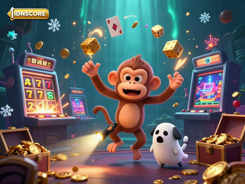 IDNSCORE showcases a vibrant 3D casino scene with a ghost-hunter puppy tracking a mischievous monkey juggling golden gambling objects.