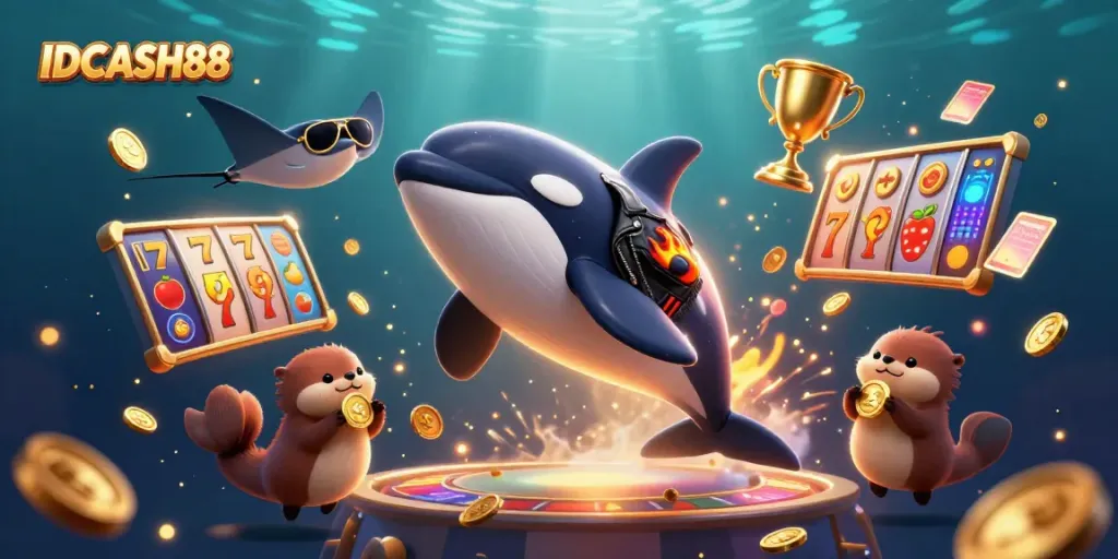Experience entertainment at IDCASH88 with thrilling slot reels and playful sea creatures celebrating wins.