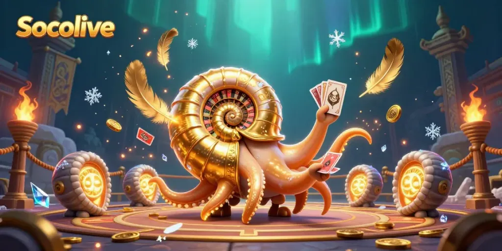 Socolive's vibrant digital illustration of a giant nautilus roulette wheel, showcasing dynamic gaming elements and colorful companions.